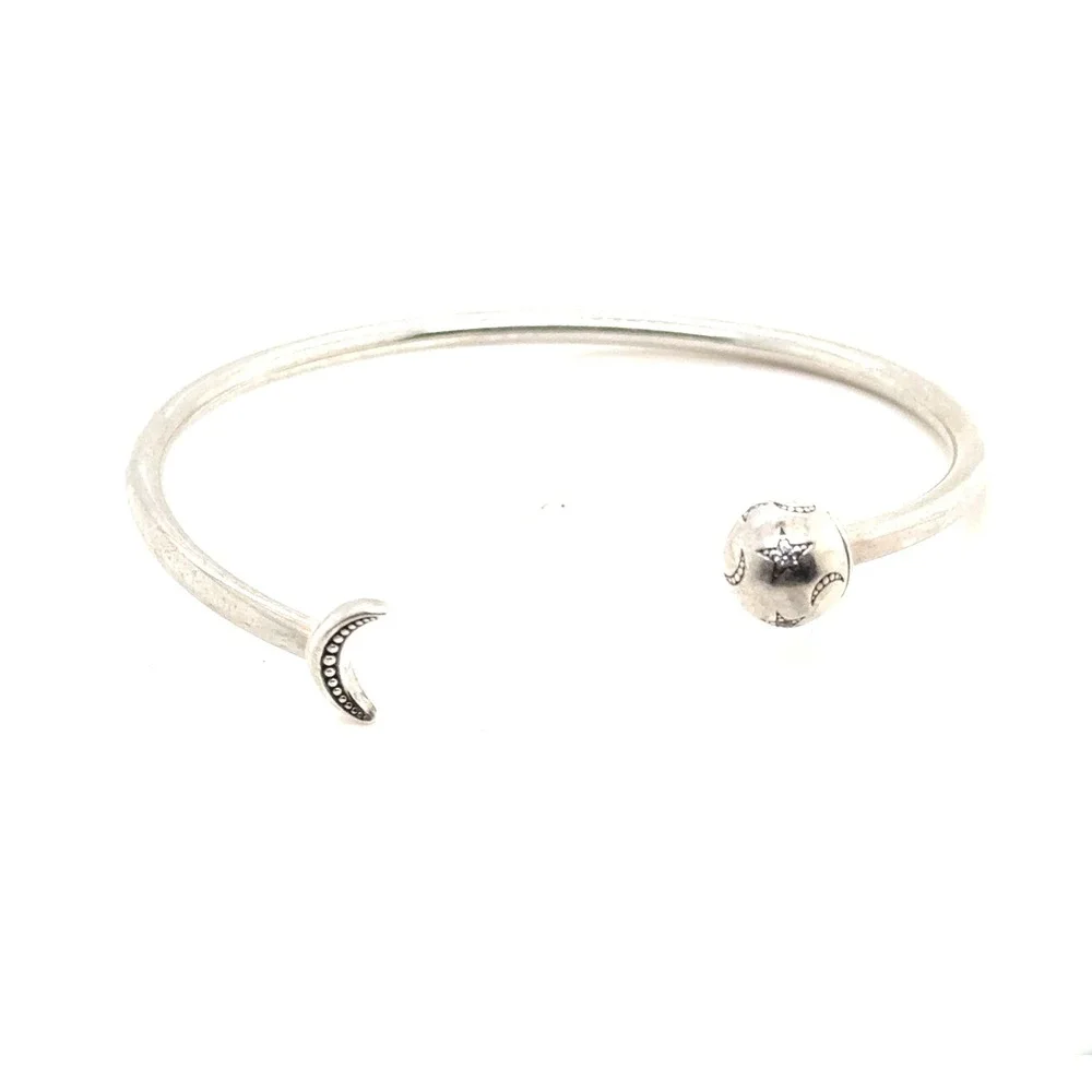 Pandora Celestial Stars and Moon Open Bangle Sterling Silver Bracelet Size 2